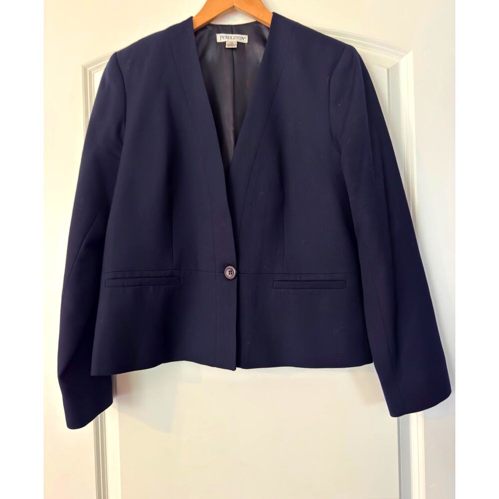 ✨Vintage Pendleton 100% Virgin Wool Collarless Blazer Cropped Navy Blue 14✨